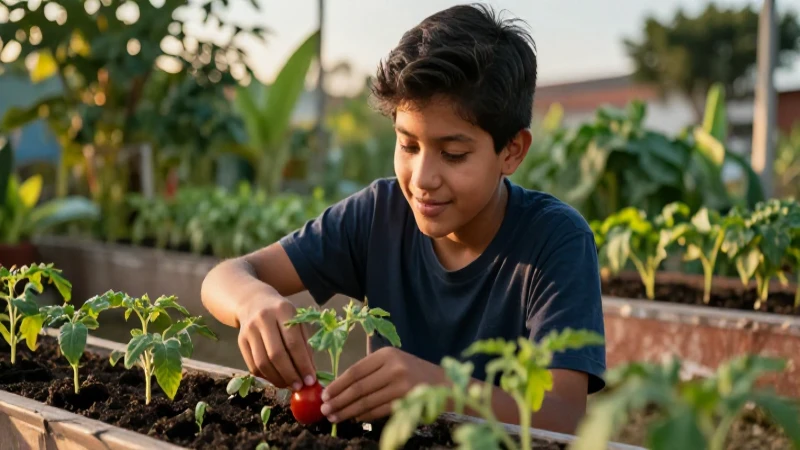 Estudiante mexicano cultiva tomates bajo luz dorada