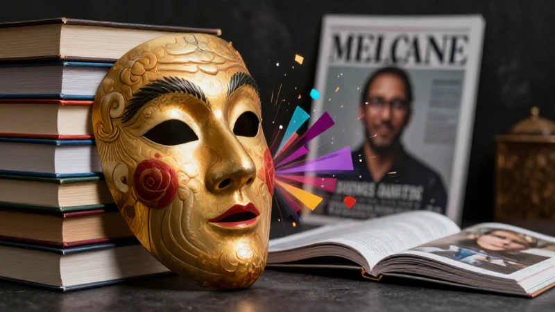 Máscara teatral, libros y energía intelectual vibrante