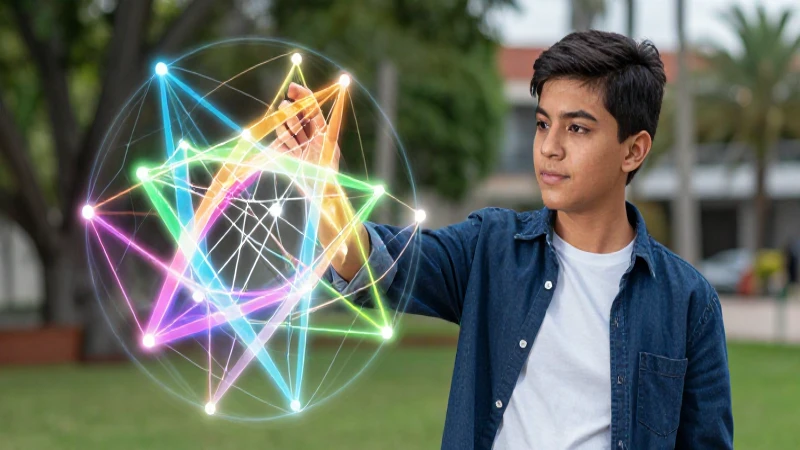 Estudiante interactúa con hologramas educativos en estilo dinámico