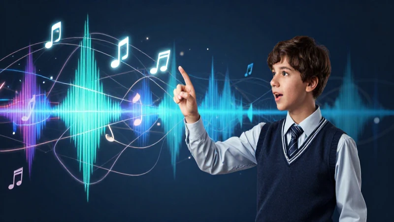Estudiante interactúa con música abstracta vibrante