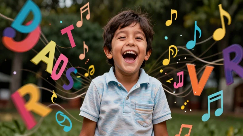 Niño mexicano riendo con letras y música