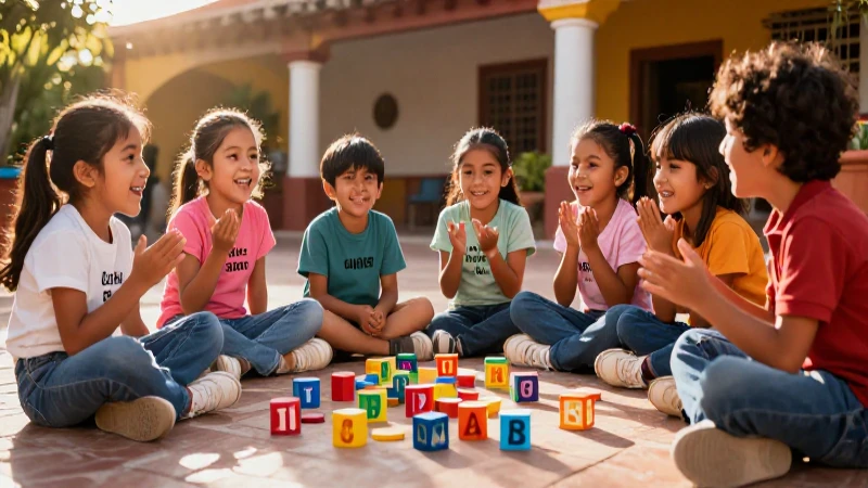 Niños mexicanos alegres en patio vibrante y luminoso