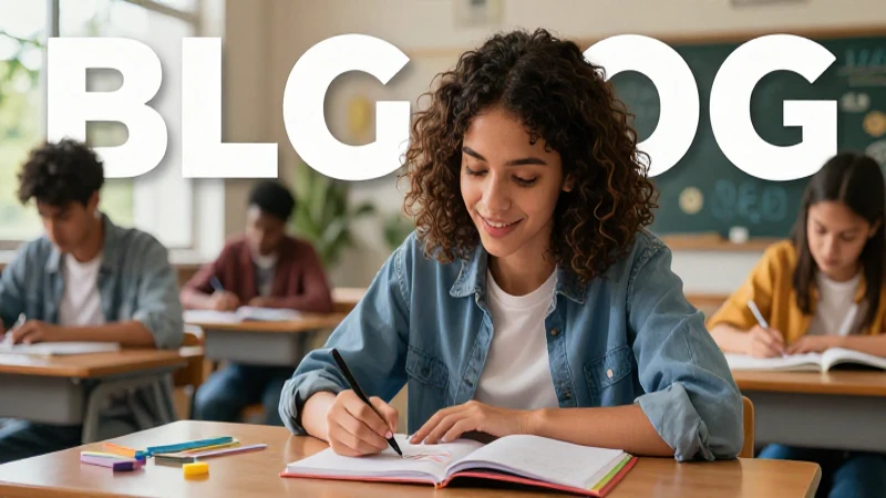 Estudiante creativo escribe en un entorno moderno y vibrante