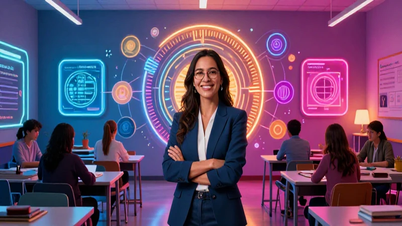 Maestra mexicana vibrante con campo de aprendizaje moderno