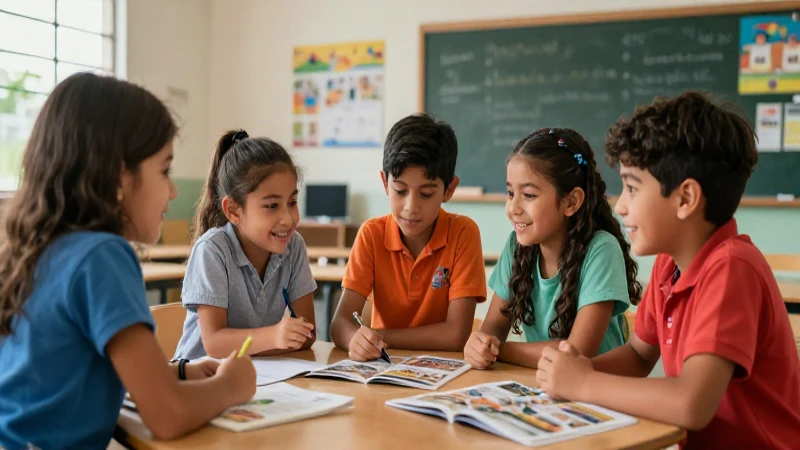 Niños mexicanos felices colaborando en clase moderna