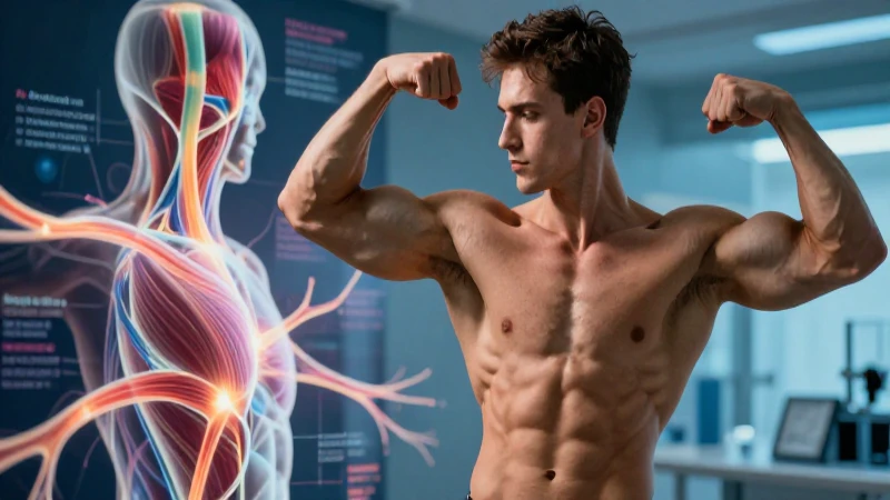 Joven atlético musculoso en pose dinámica con diagramas