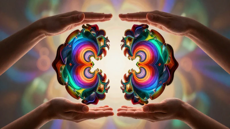 Fractal geométrico dinámico con manos equilibrando formas