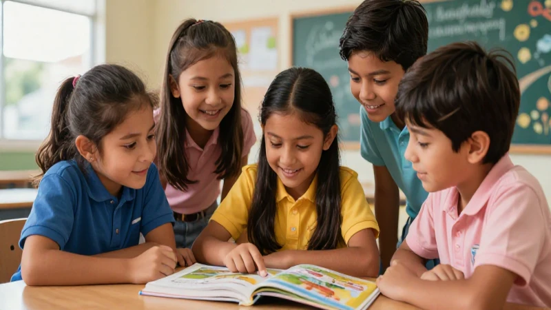 Niños mexicanos colaboran alegremente en un entorno educativo moderno
