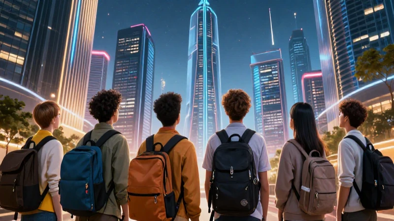 Estudiantes observan una futurista ciudad moderna y dinámica