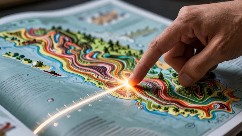 Mapa educativo vibrante con mano señalando