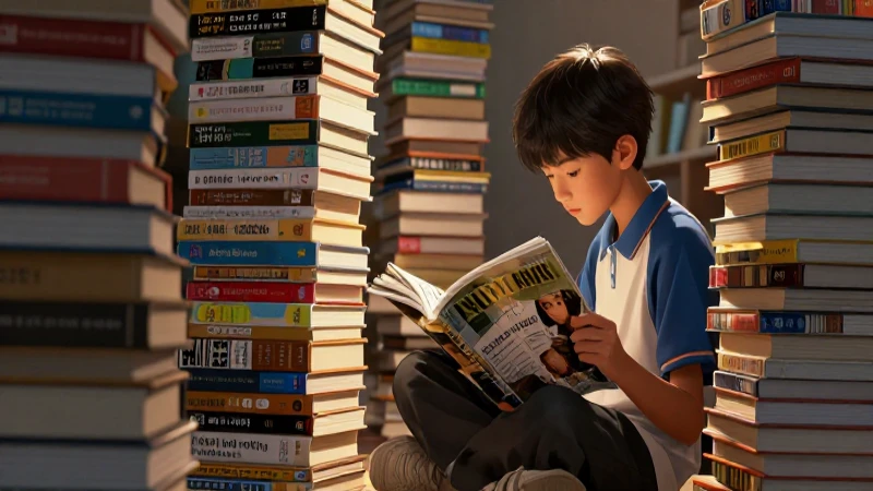 Estudiante curioso explora libros bajo luz dorada