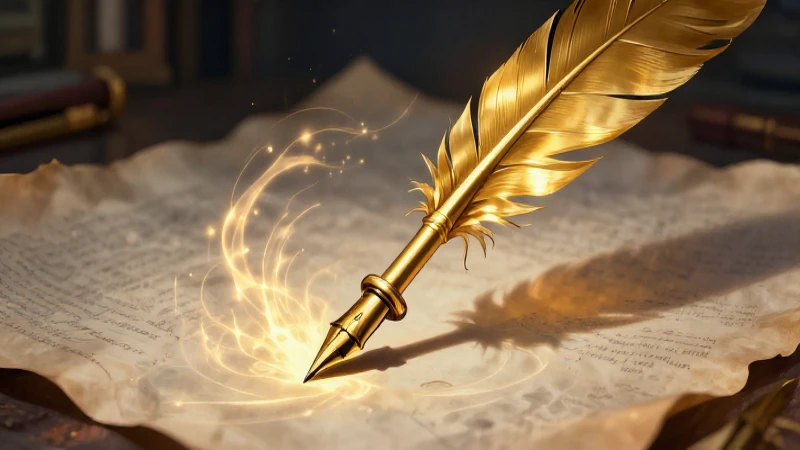 Pluma dorada con tinta mágica ilumina la portada