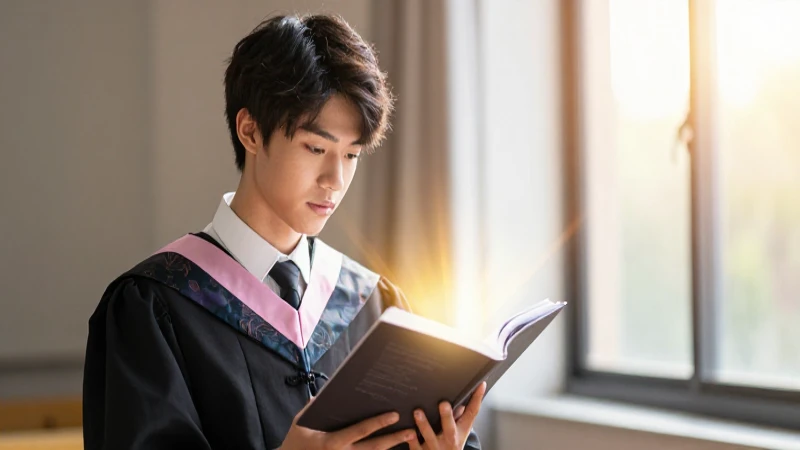 Estudiante lee poesía bajo luz dorada y brillante