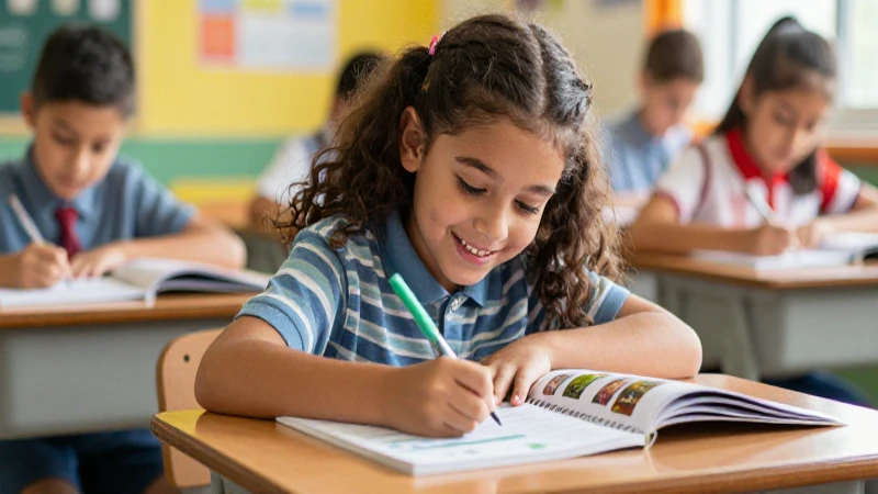 Tipos, ejemplos y tips: textos escritos por niños en primaria 3 Estudiante feliz dibuja en cuaderno vibrante