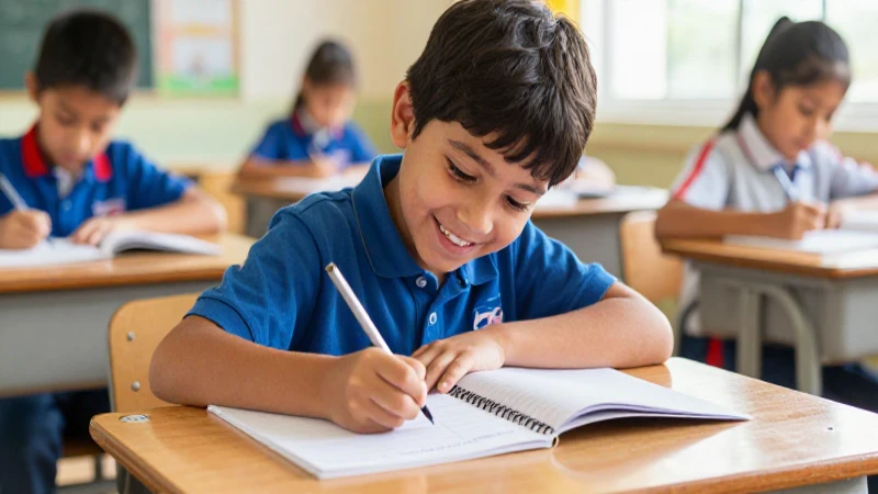 Tipos, ejemplos y tips: textos escritos por niños en primaria 5 Estudiante feliz escribe con tips para fomentar la escritura