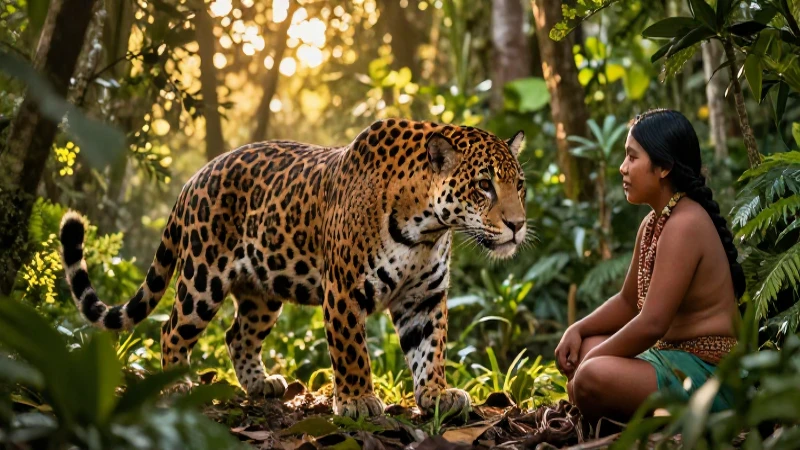 Vida Conoce de los cazadores recolectores y sus animales 4 Cazador observa jaguar en selva mexicana al atardecer