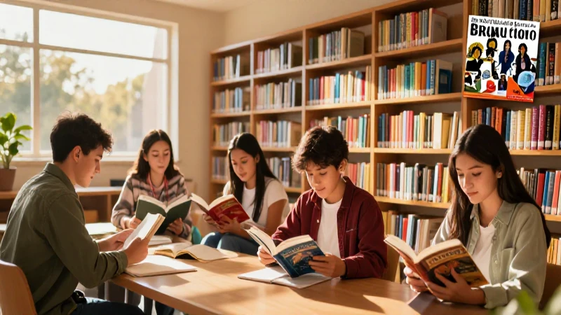 Explora la diversidad de libros en una biblioteca escolar: tipos, temas y más 3 Ilustración vibrante de estudiantes mexicanos leyendo