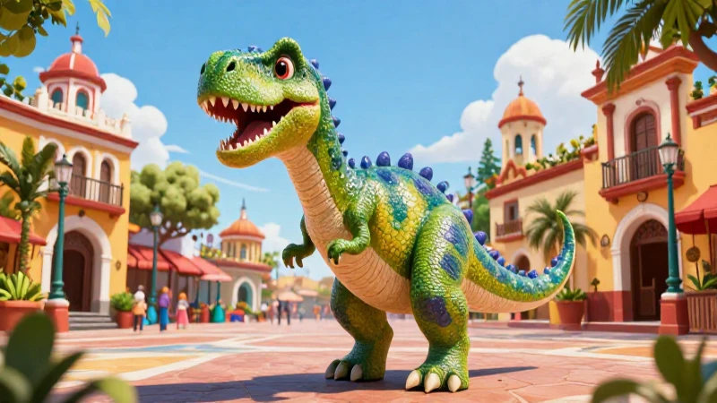 Dino sonriente en plaza mexicana estilizada