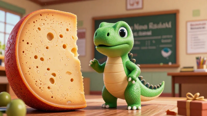Ilustración dinámica de un dinosaurio y queso