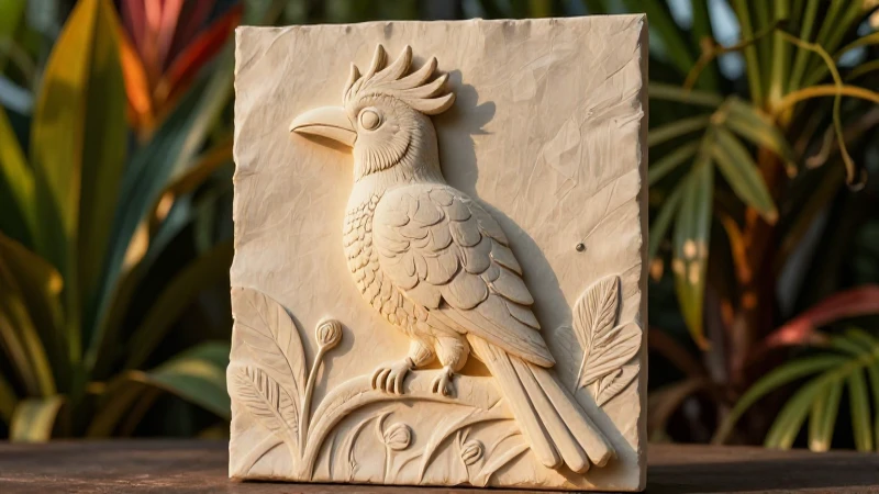 Quetzal en relieve: Arte y técnicas de papel maché 3 Relieve Quetzal detallado bajo luz dorada
