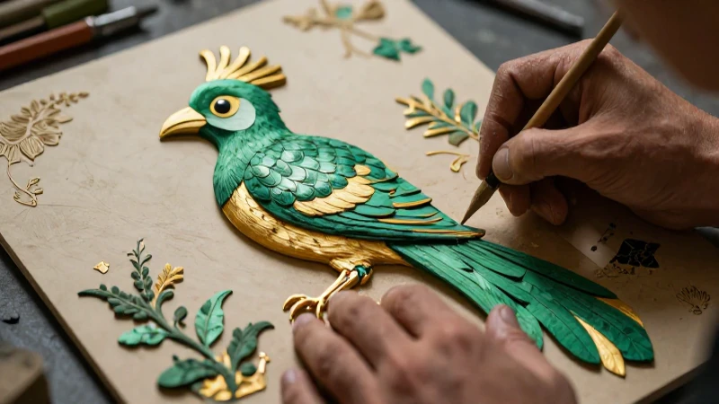 Quetzal en relieve: Arte y técnicas de papel maché 5 Artesanos modelando relieve vibrante de Quetzal