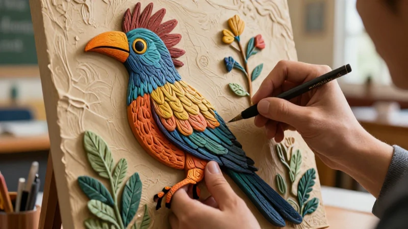 Quetzal en relieve: Arte y técnicas de papel maché 6 Manos crean relieve de papel maché de quetzal