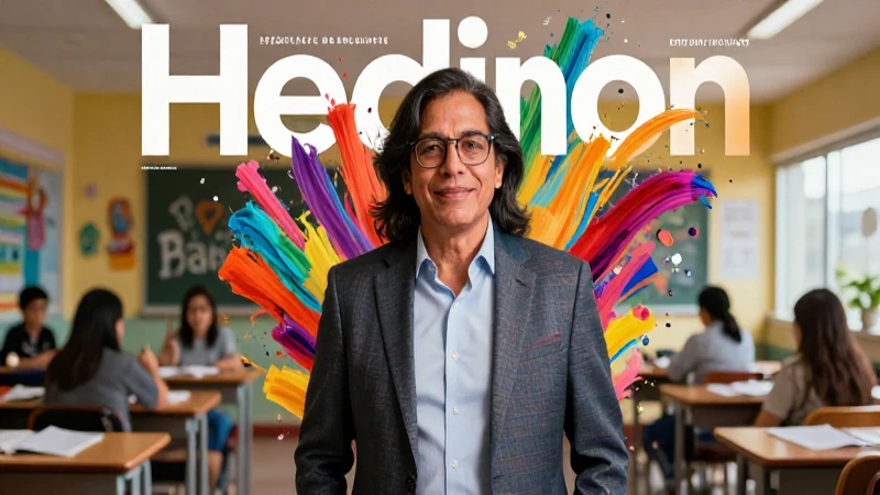 Educador carismático frente a arte vibrante