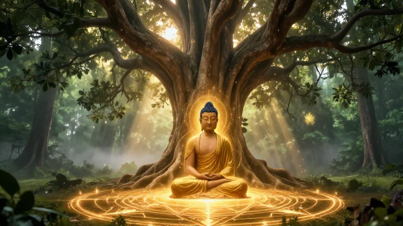 Siddhartha medita bajo el Bodhi con luz dorada