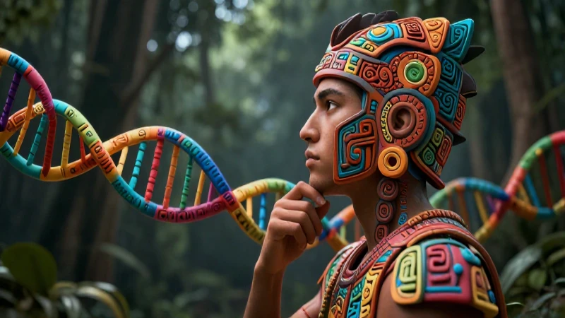 Figura humana moderna fusionando ADN y cultura mesoamericana