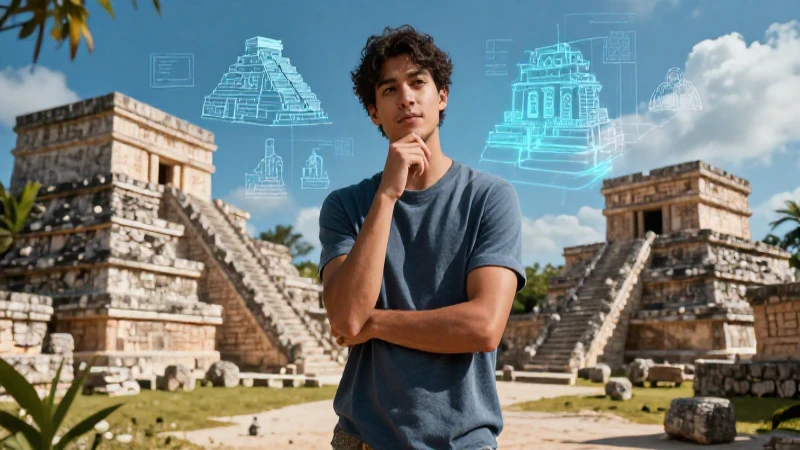 Retrato moderno entre ruinas mesoamericanas