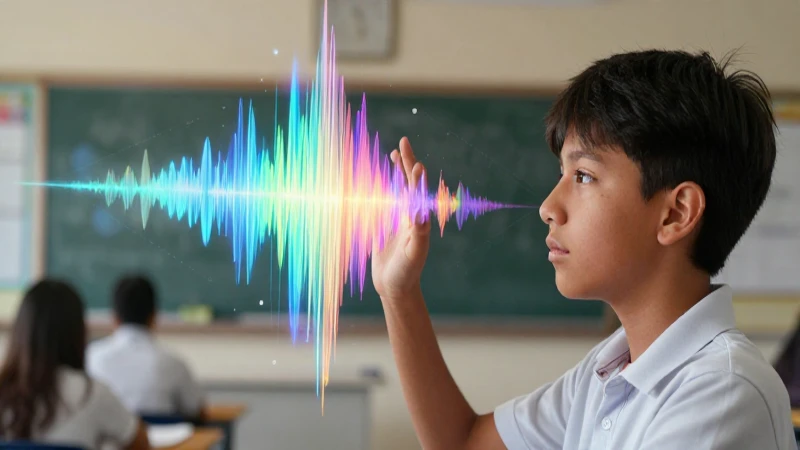 Estudiante observa ondas de sonido vibrantes en aula