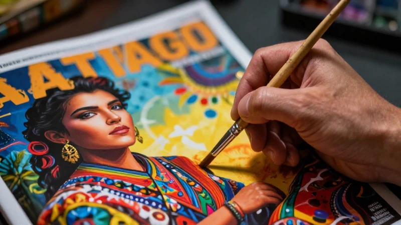 Artista con pincel, ilustración vibrante, revista educativa de alta calidad