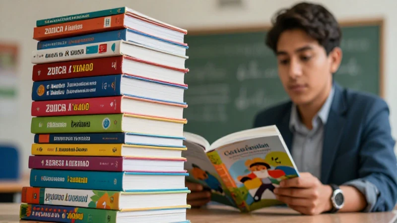 Educador revisando vibrantes libros mexicanos modernos