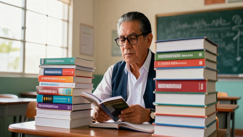 Educador mexicano con libros en un aula iluminada