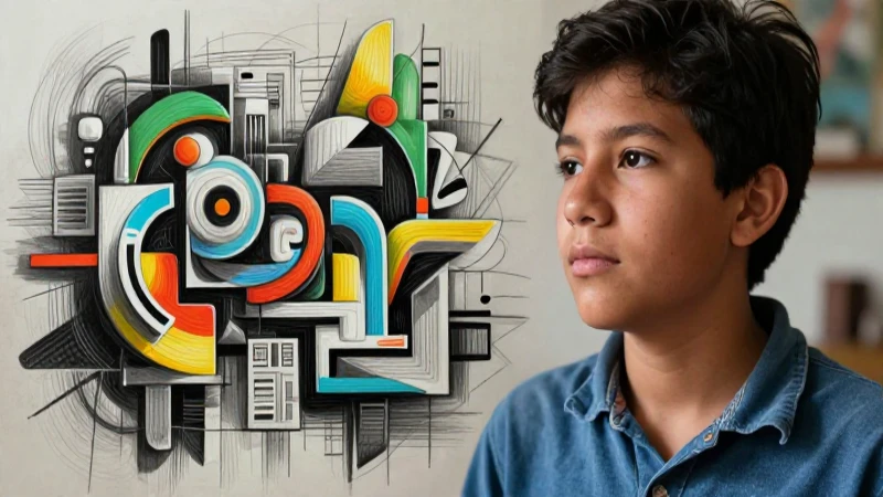 Estudiante mexicano y arte abstracto vibrante en alta definición