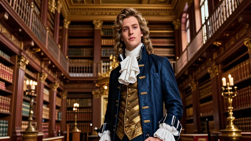 Joven noble en biblioteca, estilo cinematográfico épico