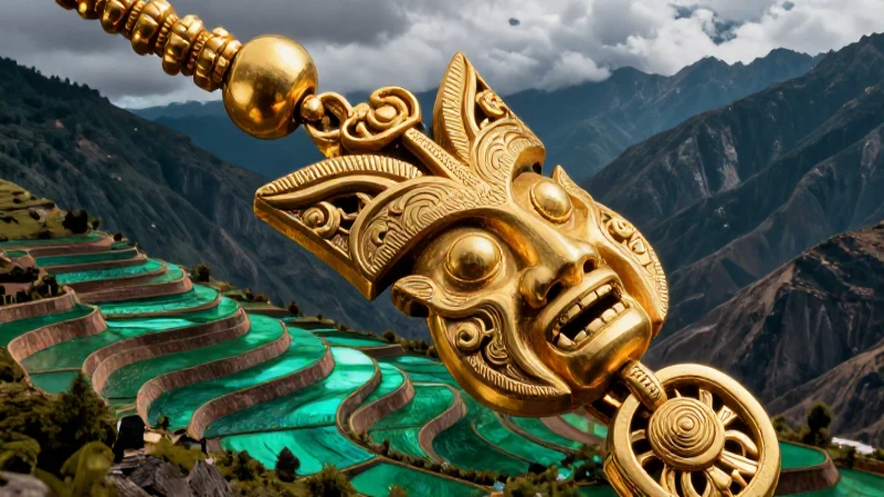 Oro Quimbaya y paisaje andino con estilo editorial
