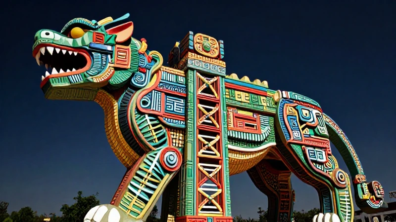Quimeras: La fusión de arquitectura, mitología y biología 5 Escultura monumental, ADN, arquitectura mesoamericana y colores vibrantes