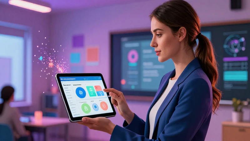 Radix Education: Innovación en Aprendizaje Personalizado 6 Profesora moderna usa tablet en aula avanzada