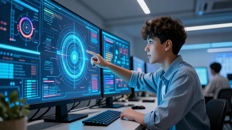 Radix Education: Innovación en Aprendizaje Personalizado 8 Estudiante innovador interactúa con datos en un aula moderna