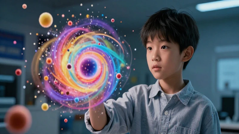 Estudiante vibrante en física abstracta con iluminación cinematográfica