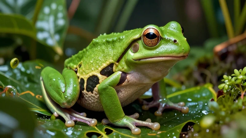 Rana verde detallada en ambiente tropical vibrante