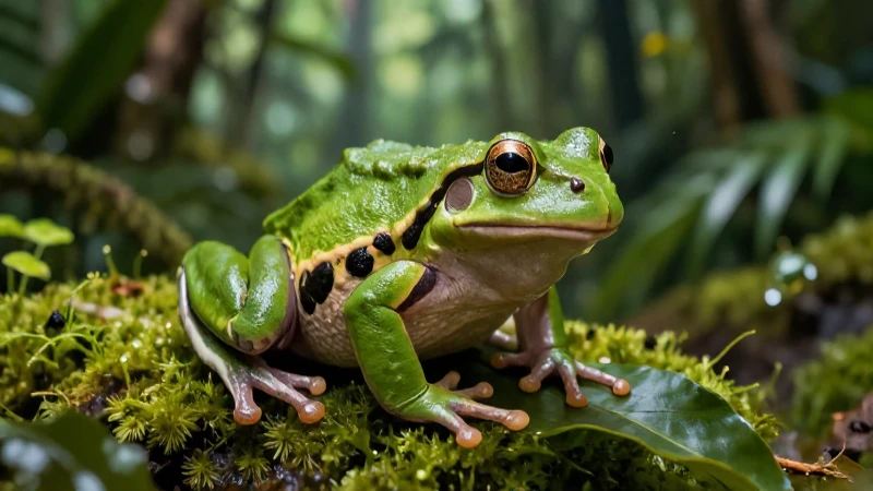 Sapo verde vibrante sobre hoja tropical