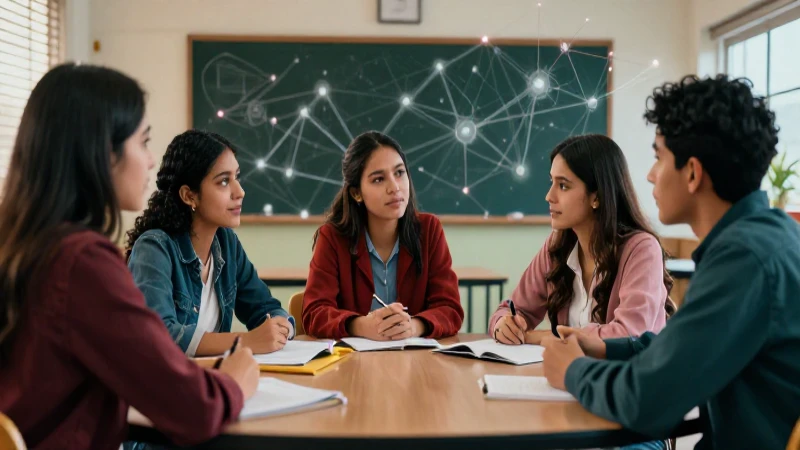 Estudiantes mexicanos discuten en un aula moderna y dinámica