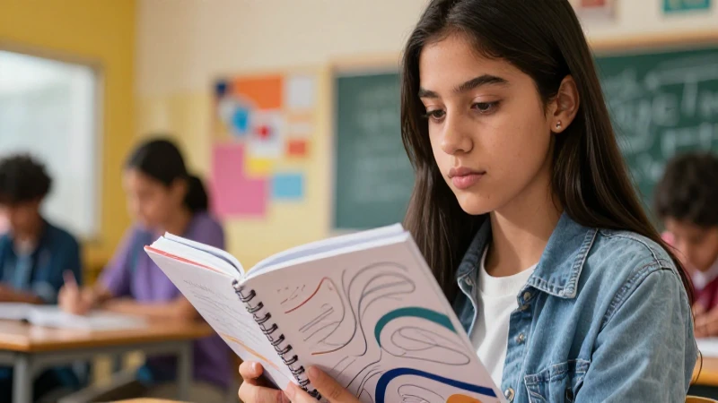 Joven estudiante concentrado en un cuaderno moderno y vibrante