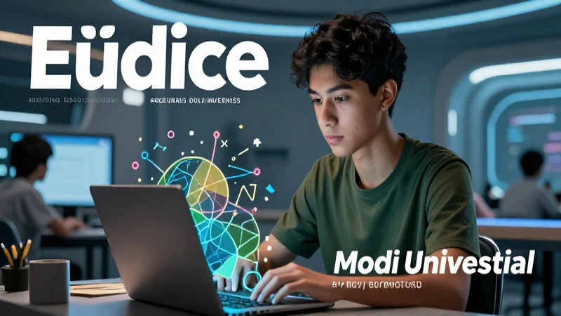 Estudiante aprende lógica avanzada en entorno futurista