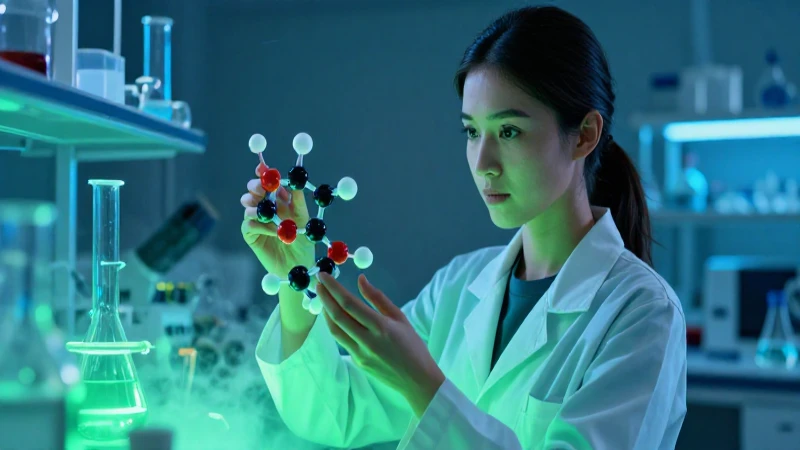 Investigadora en laboratorio con modelo molecular vibrante