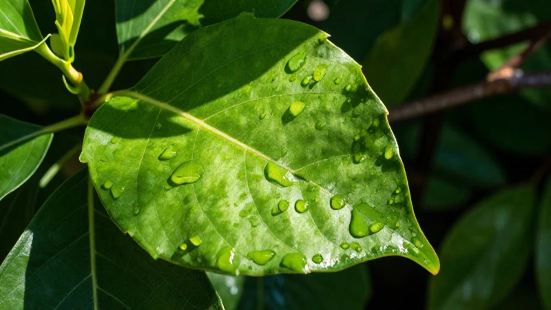 Hoja verde y gotas bajo luz cinematográfica