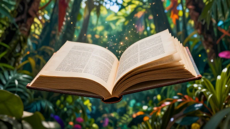 Realismo mágico: definición, características y referentes 4 Ilustración digital vibrante de un libro antiguo en la jungla
