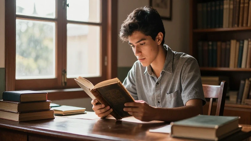 Joven estudia novela clásica bajo luz cálida